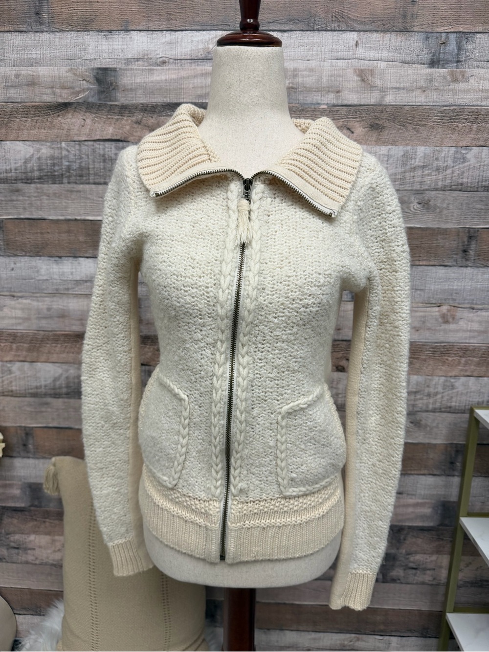 Sleeping on Snow Cream Zip-Up Chunky Cable Knit Sweater w/ Collar